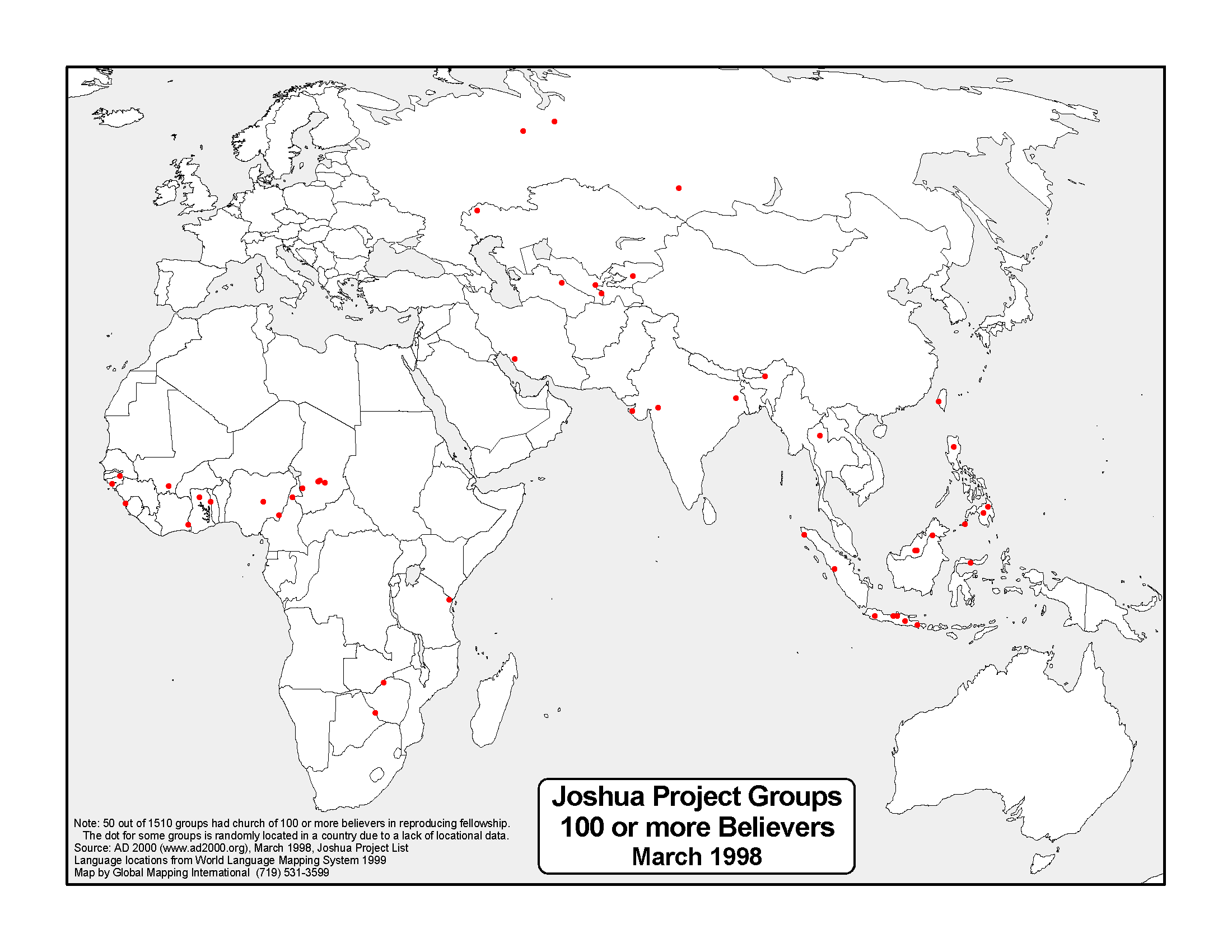 Joshua Project Groups with 100 or more Believers March 1998 (BW)