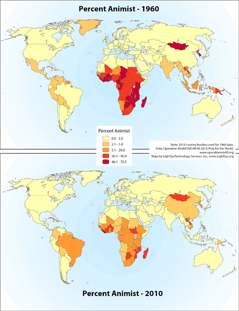 Percent Animist 1960 and 2010