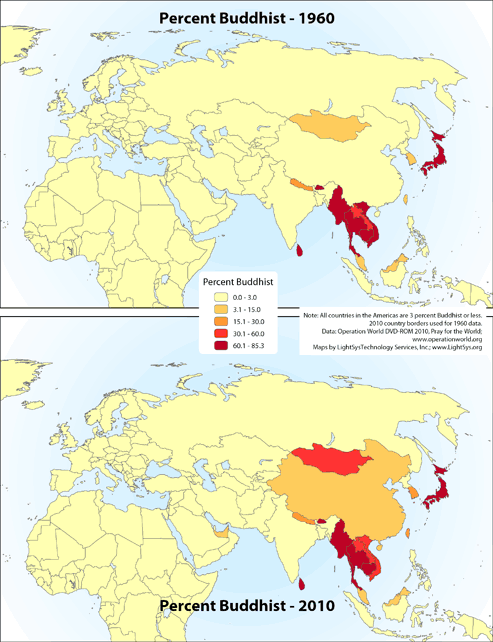 Percent Buddhist 1960 and 2010