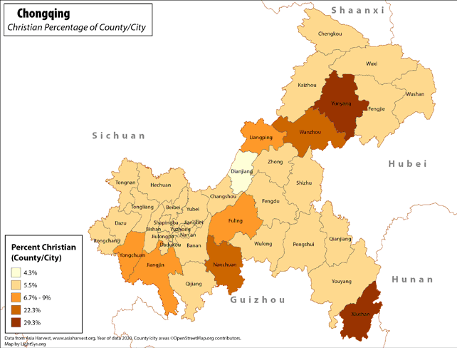 Chongqing - Christian Percentage of County/City