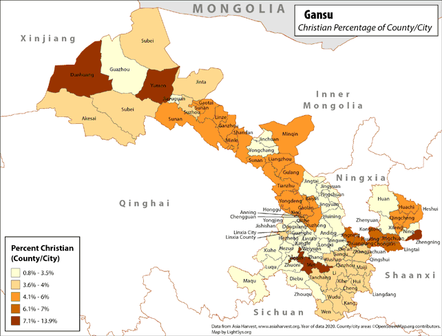 Gansu - Christian Percentage of County/City