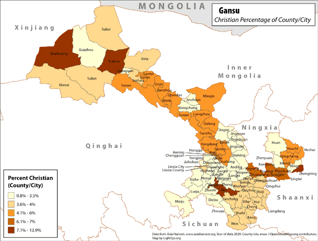 Gansu - Christian Percentage of County/City - Click Image to Close