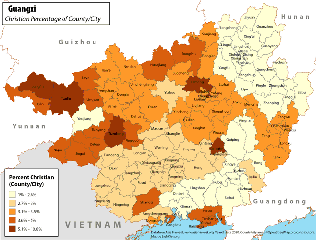 Guangxi - Christian Percentage of County/City
