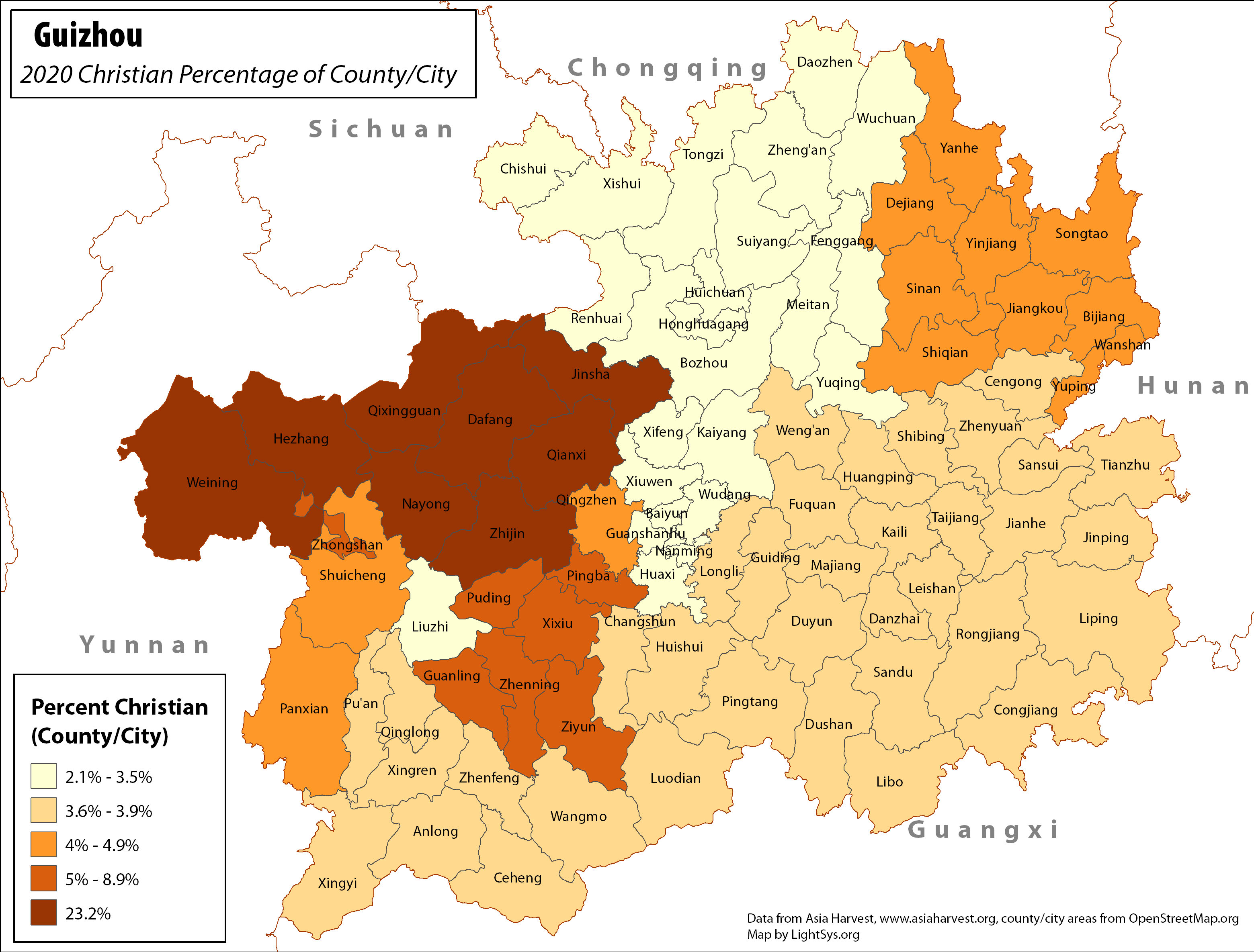 Guizhou - Christian Percentage of County/City