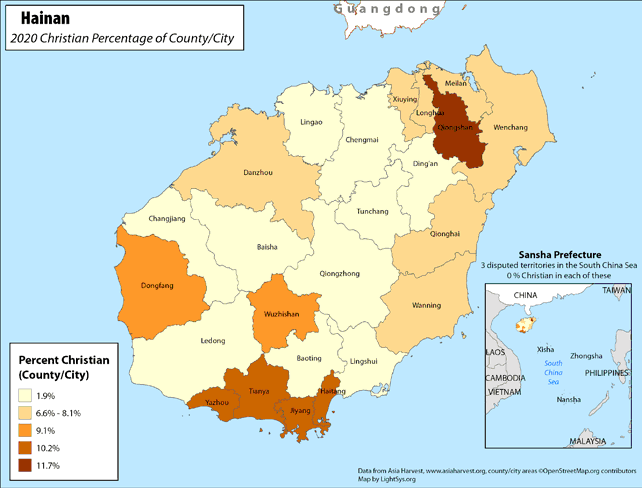 Hainan - Christian Percentage of County/City