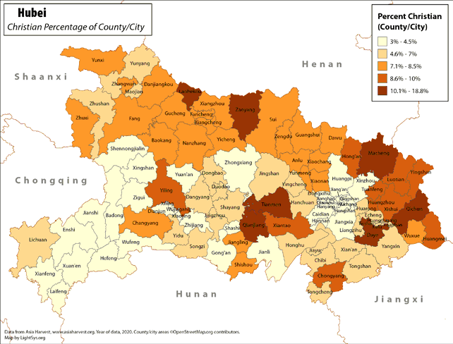 Hubei - Christian Percentage of County/City