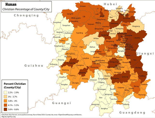 Hunan - Christian Percentage of County/City