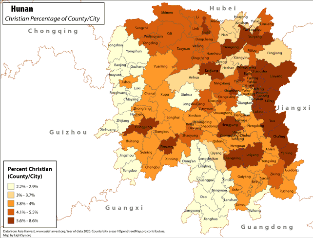 Hunan - Christian Percentage of County/City - Click Image to Close