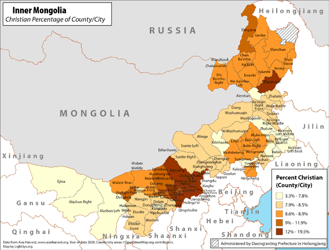 Inner Mongolia - Christian Percentage of County/City - Click Image to Close