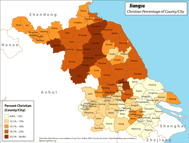 Jiangsu - Christian Percentage of County/City - Click Image to Close