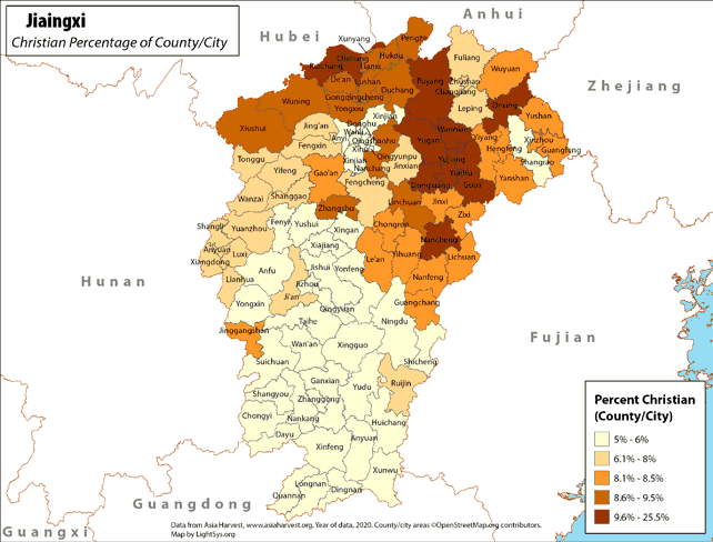 Jiangxi - Christian Percentage of County/City