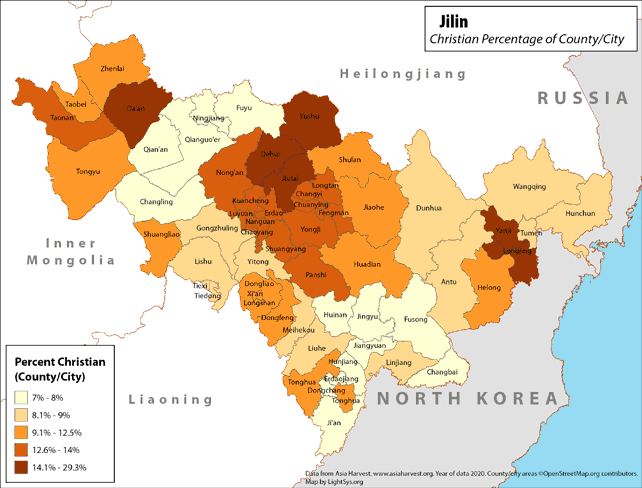 Jilin - Christian Percentage of County/City