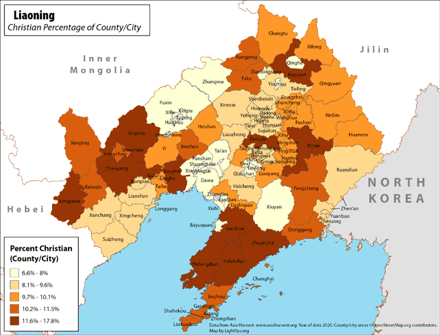 Liaoning - Christian Percentage of County/City