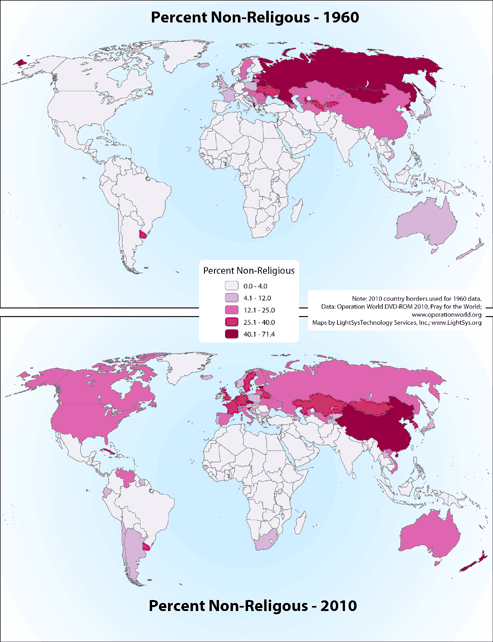 Percent Non-Religious 1960 and 2010 - Click Image to Close