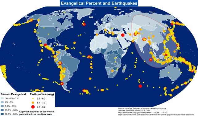 Evangelical Percent and Earthquakes - World