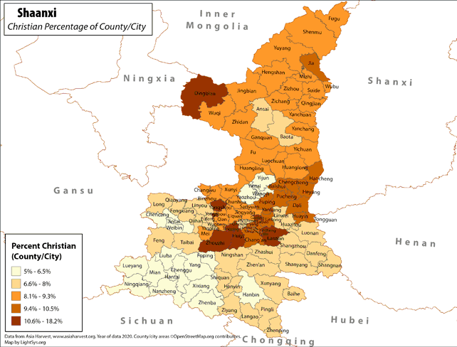 Shaanxi - Christian Percentage of County/City