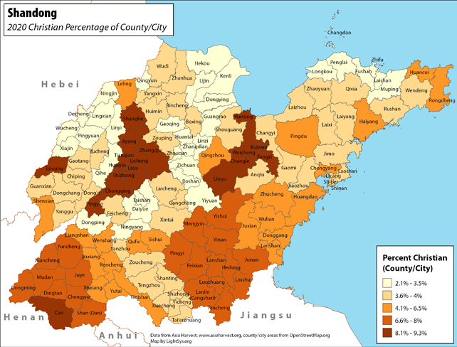 Shandong - Christian Percentage of County/City