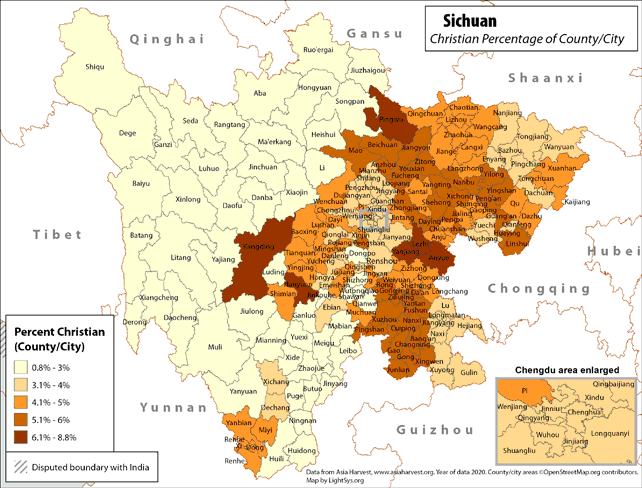 Sichuan - Christian Percentage of County/City