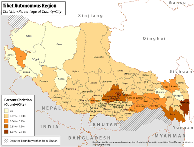 Tibet Autonomous Region - Christian Percentage of County/City