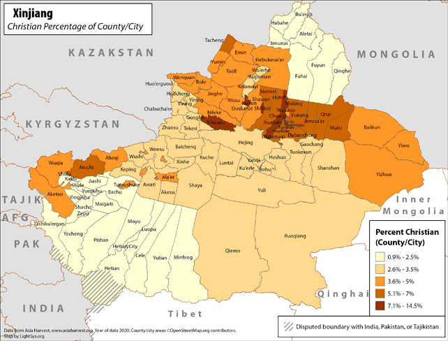 Xinjiang - Christian Percentage of County/City