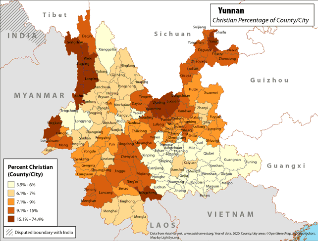 Yunnan - Christian Percentage of County/City