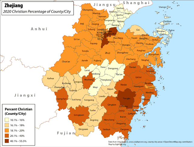 Zhejiang - Christian Percentage of County/City - Click Image to Close