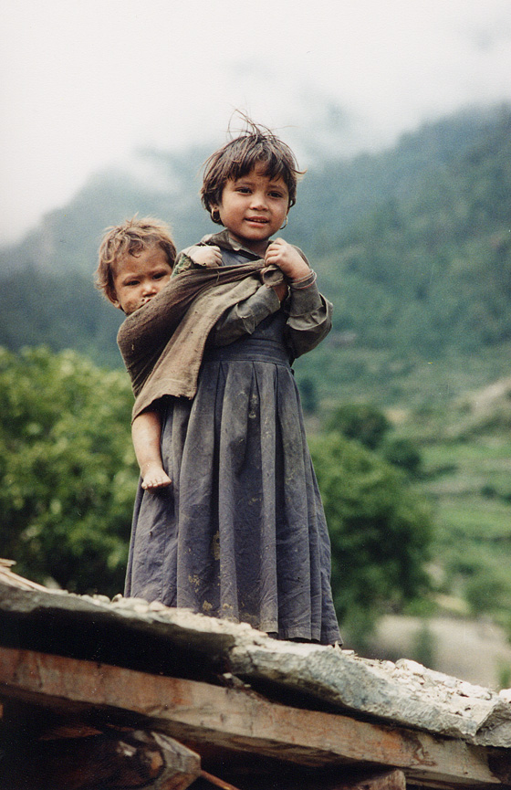 Girl Carrying Baby On Her Back / Nepal / Nepali - Click Image to Close