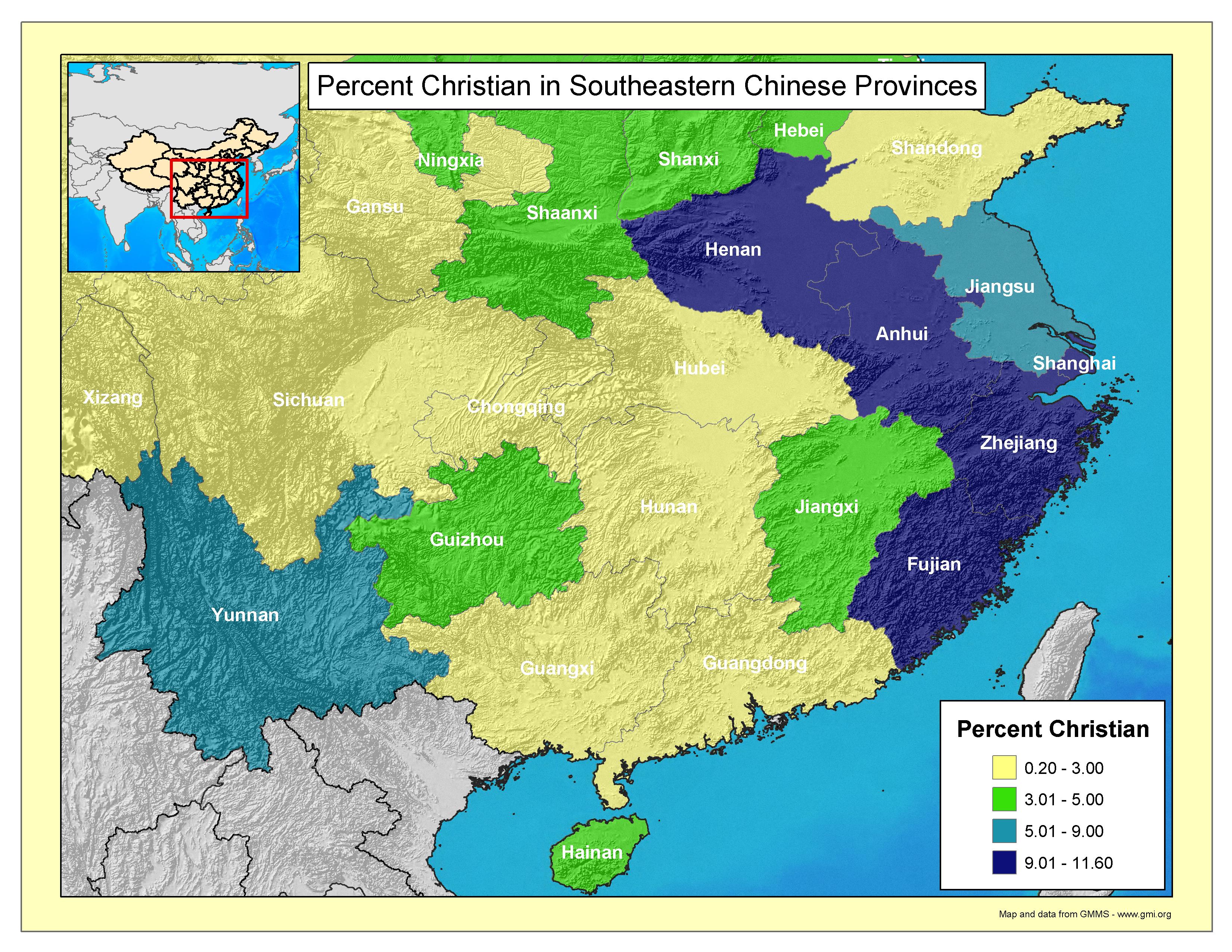 Percent Christian in Southeastern Chinese Provinces