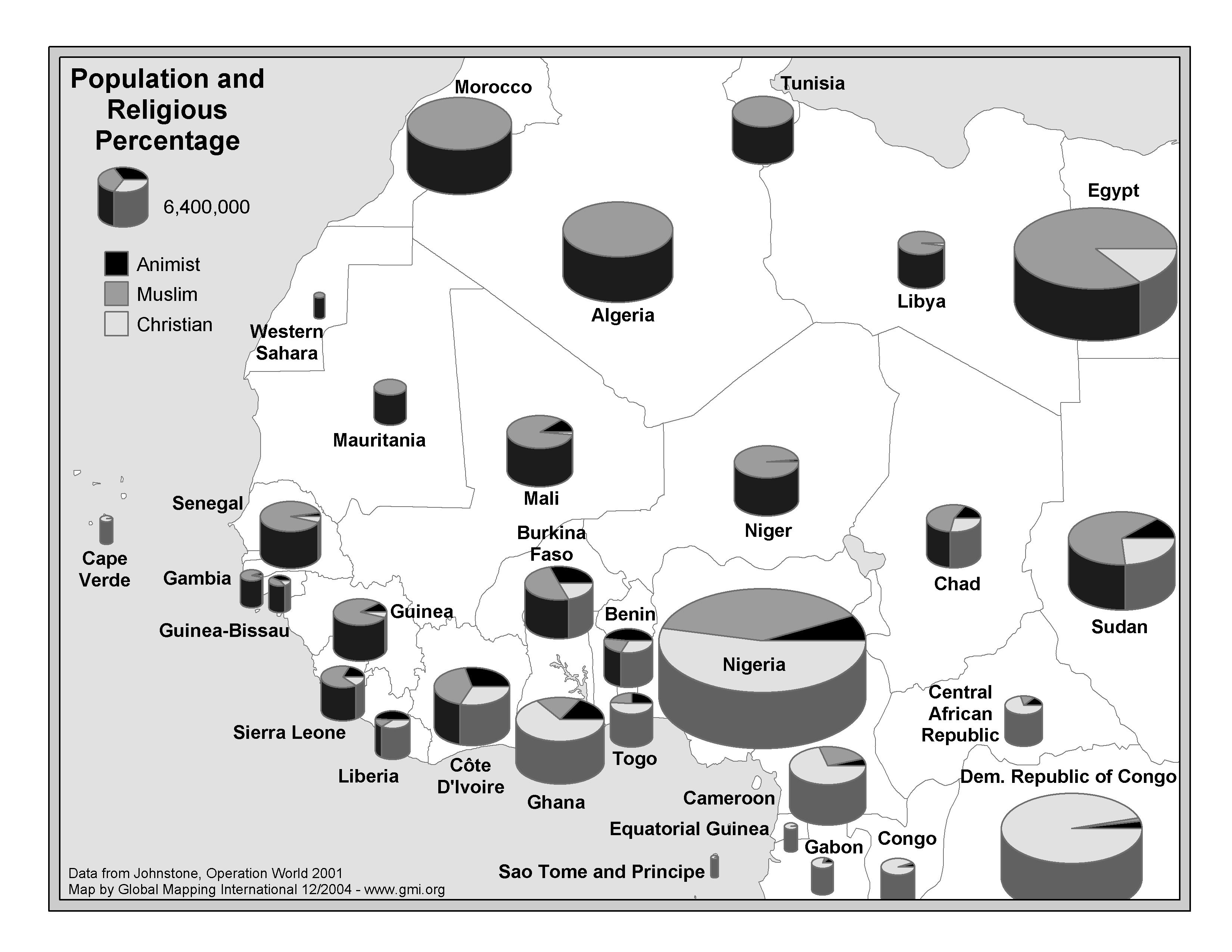Population and Percent Religious, West Africa (BW) - Click Image to Close