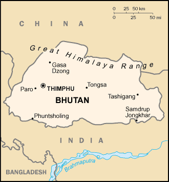 Bhutan map (World Factbook, modified) - Click Image to Close