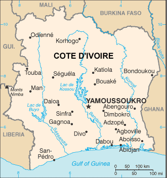 Cote d'Ivoire map (World Factbook, modified)