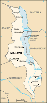 Malawi map (World Factbook, modified)