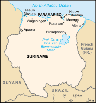 Suriname map (World Factbook, modified) - Click Image to Close