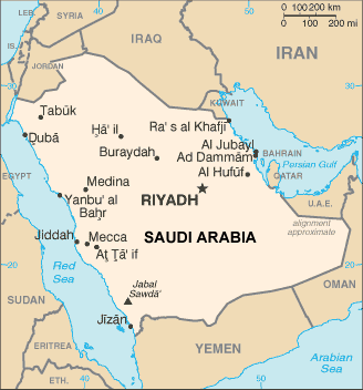 Saudi Arabia map (World Factbook, modified) - Click Image to Close