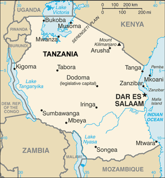 Tanzania map (World Factbook, modified)