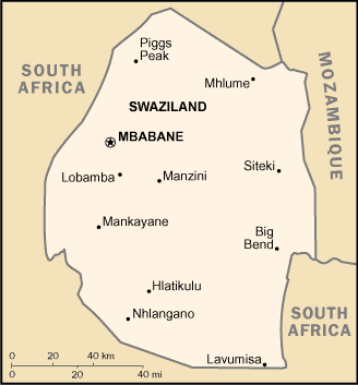 Swaziland map (World Factbook, modified) - Click Image to Close