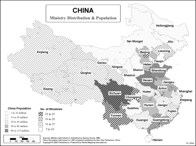 China - Ministry Distribution & Population (BW) - Click Image to Close