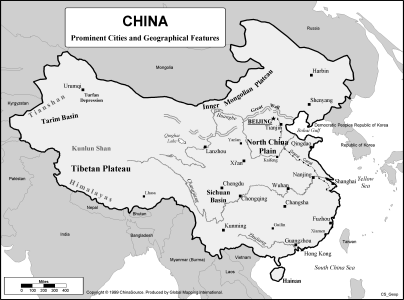 China - Prominent Cities and Geographical Features (BW)