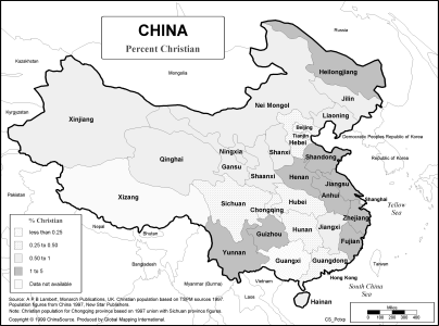 China - Percent Christian (BW)