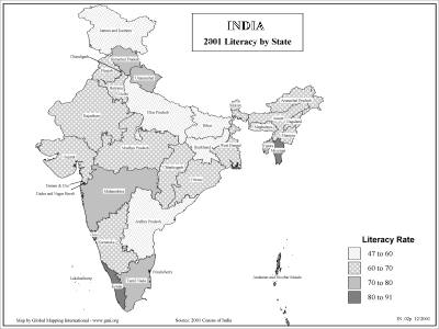 India - 2001 Literacy by State (BW)