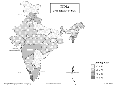 India - 2001 Literacy by State (BW) - Click Image to Close