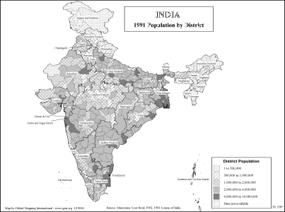 India - 1991 Population by District (BW)