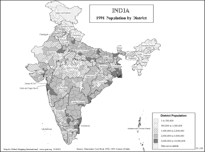 India - 1991 Population by District (BW) - Click Image to Close