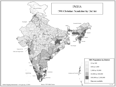 India - 1991 Christian Population by District (BW) - Click Image to Close