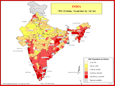 India - 1991 Christian Population by District