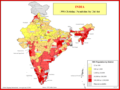 India - 1991 Christian Population by District - Click Image to Close