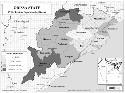 Orissa State - 1991 Christian Population by District (BW)