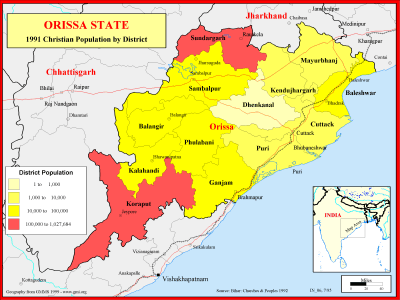 Orissa State - 1991 Christian Population by District