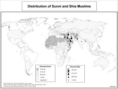 Distribution of Sunni and Shia Muslims (BW) - Click Image to Close