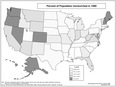 Percent of Population Unchurched in USA by State (BW)